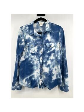 Passport Women's Tie Dye Button Up Shirt Size L Blue White Boho Clouds